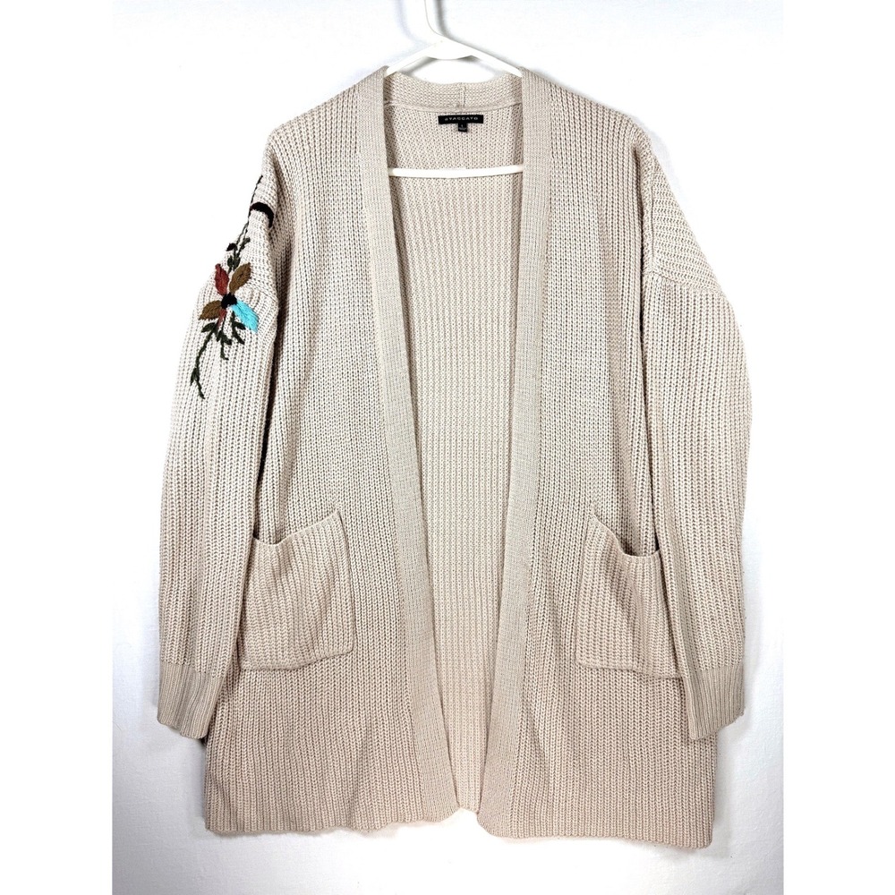 Long‎ Cream Open Cardigan Floral Embroidered Boho Knit Cabincore Cottagecore L